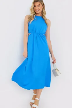 Hot In the Style Textured Cut Out Midi Dress Blue