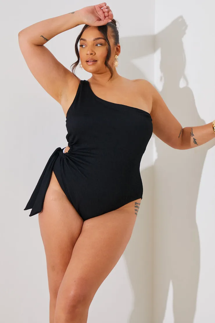 Clearance In the Style Textured Cut Out Side Detail One Shoulder Swimsuit Black