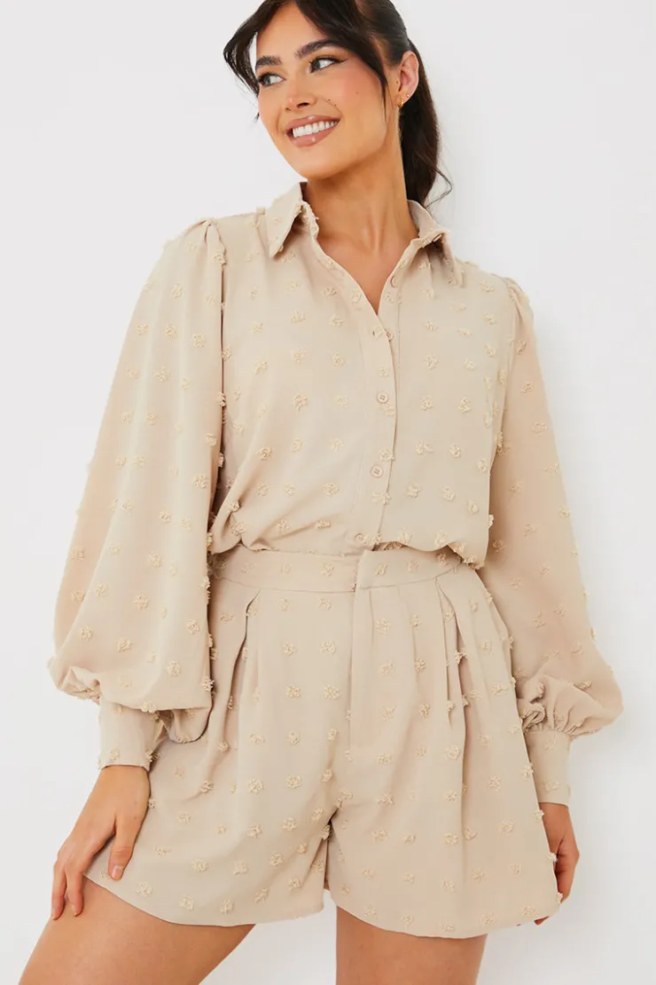 Discount In the Style Textured Dobby Detail Co-Ord Shorts Stone