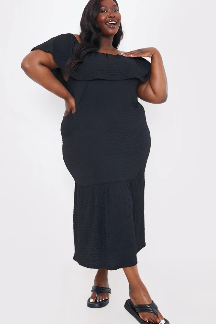 Sale In the Style Textured Frill Bardot Midi Dress Black
