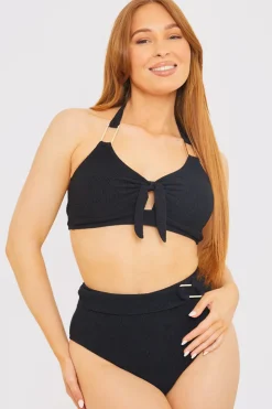 New In the Style Textured Gold Bar Detail Halter Neck Bikini Top Black