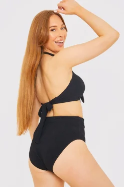 New In the Style Textured Gold Bar Detail Halter Neck Bikini Top Black