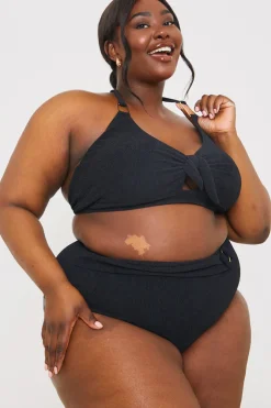 New In the Style Textured Gold Bar Detail Halter Neck Bikini Top Black
