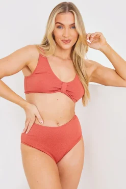 Discount In the Style Textured Knot Front Detail Bikini Top Rust