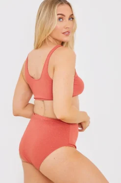 Discount In the Style Textured Knot Front Detail Bikini Top Rust