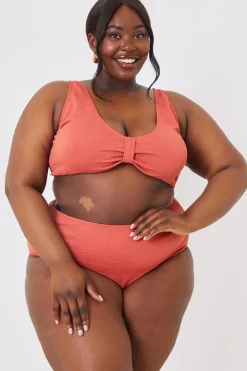 Discount In the Style Textured Knot Front Detail Bikini Top Rust