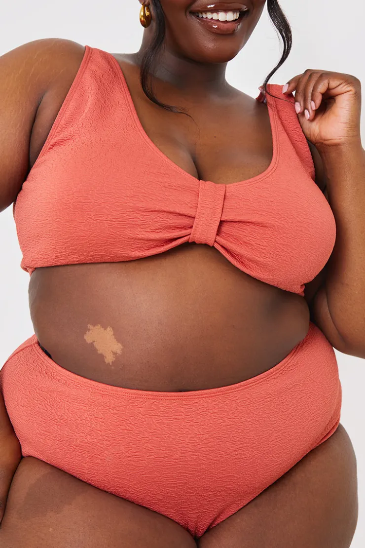 Discount In the Style Textured Knot Front Detail Bikini Top Rust