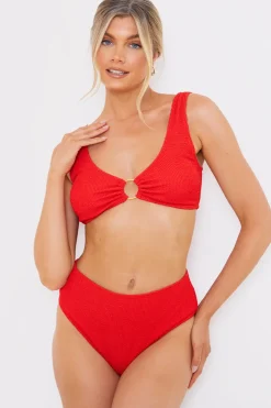 Sale In the Style Textu Scoop Neck Ring Detail Bikini Top Red