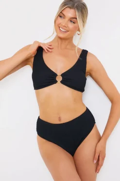 Discount In the Style Textured Scoop Neck Ring Detail Bikini Top Black
