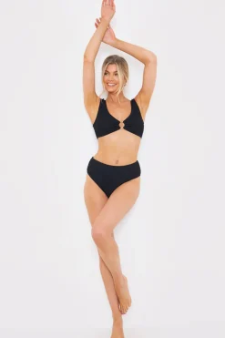 Discount In the Style Textured Scoop Neck Ring Detail Bikini Top Black