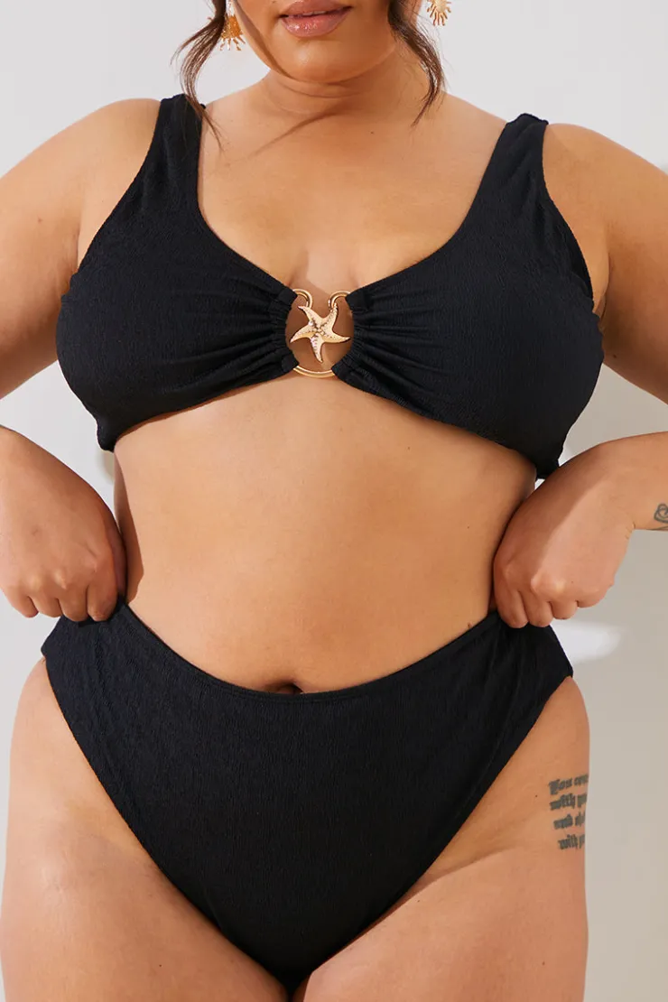 In the Style Textured Starfish Detail High Waist High Leg Bikini Bottoms Black