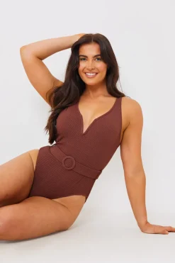 Hot In the Style Textured Sweetheart Neckline Belted Swimsuit Chocolate