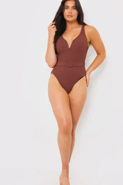 Hot In the Style Textured Sweetheart Neckline Belted Swimsuit Chocolate