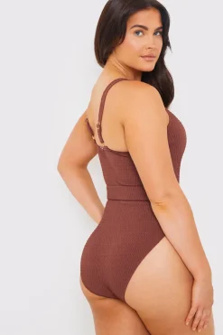 Hot In the Style Textured Sweetheart Neckline Belted Swimsuit Chocolate
