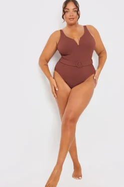 Hot In the Style Textured Sweetheart Neckline Belted Swimsuit Chocolate