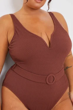 Hot In the Style Textured Sweetheart Neckline Belted Swimsuit Chocolate