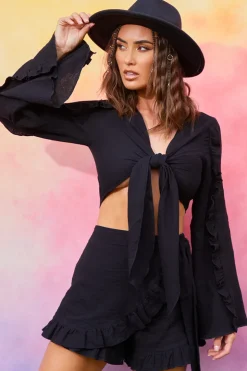 Sale In the Style Textured Tie Front Coord Top Black
