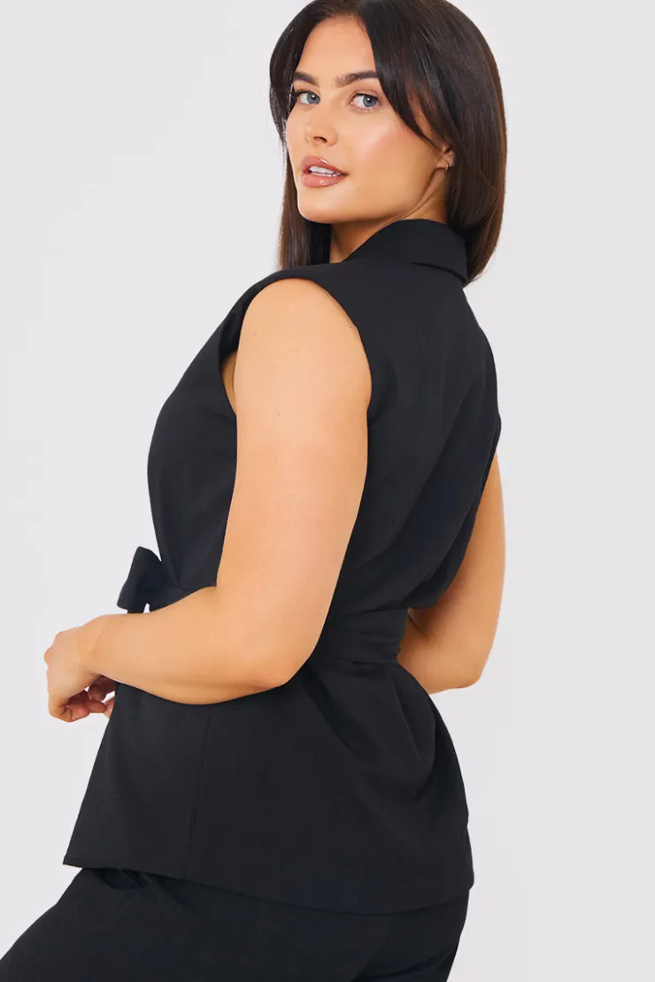 Online In the Style Textured Tie Waist Sleeveless Co-Ord Blazer Black