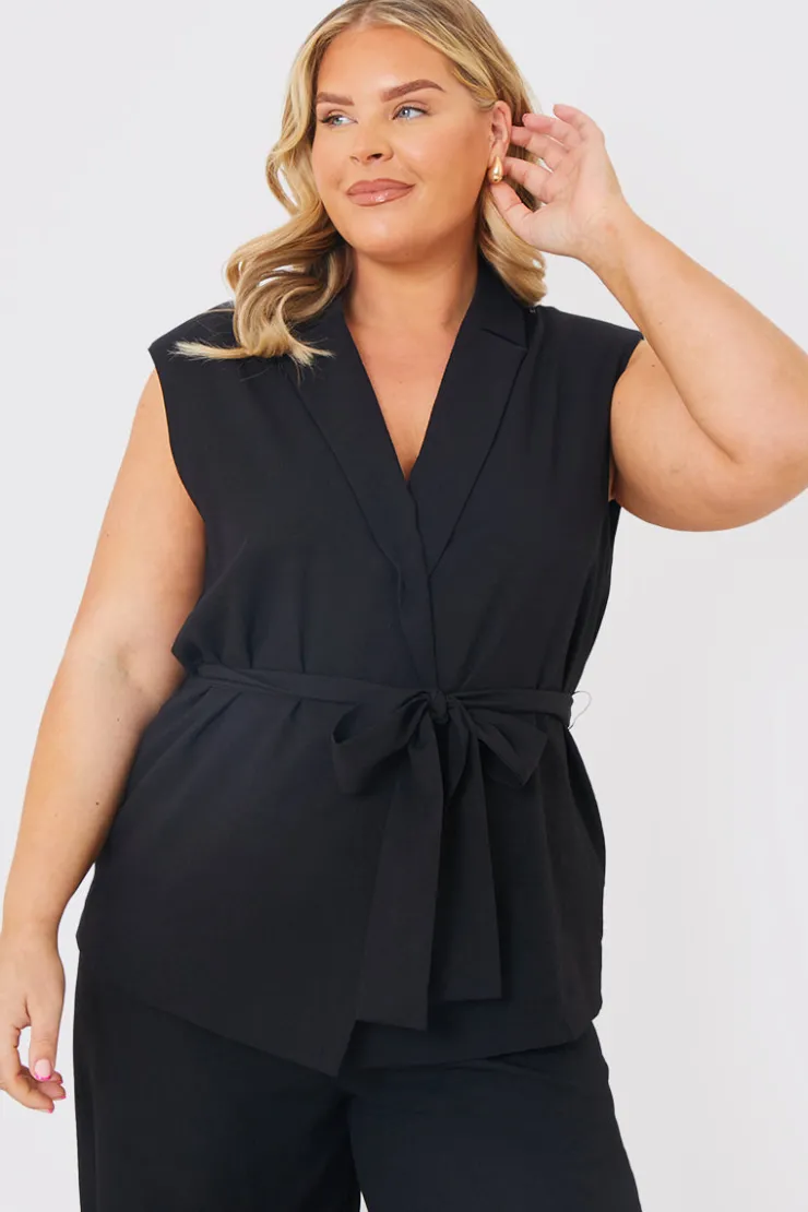 Online In the Style Textured Tie Waist Sleeveless Co-Ord Blazer Black