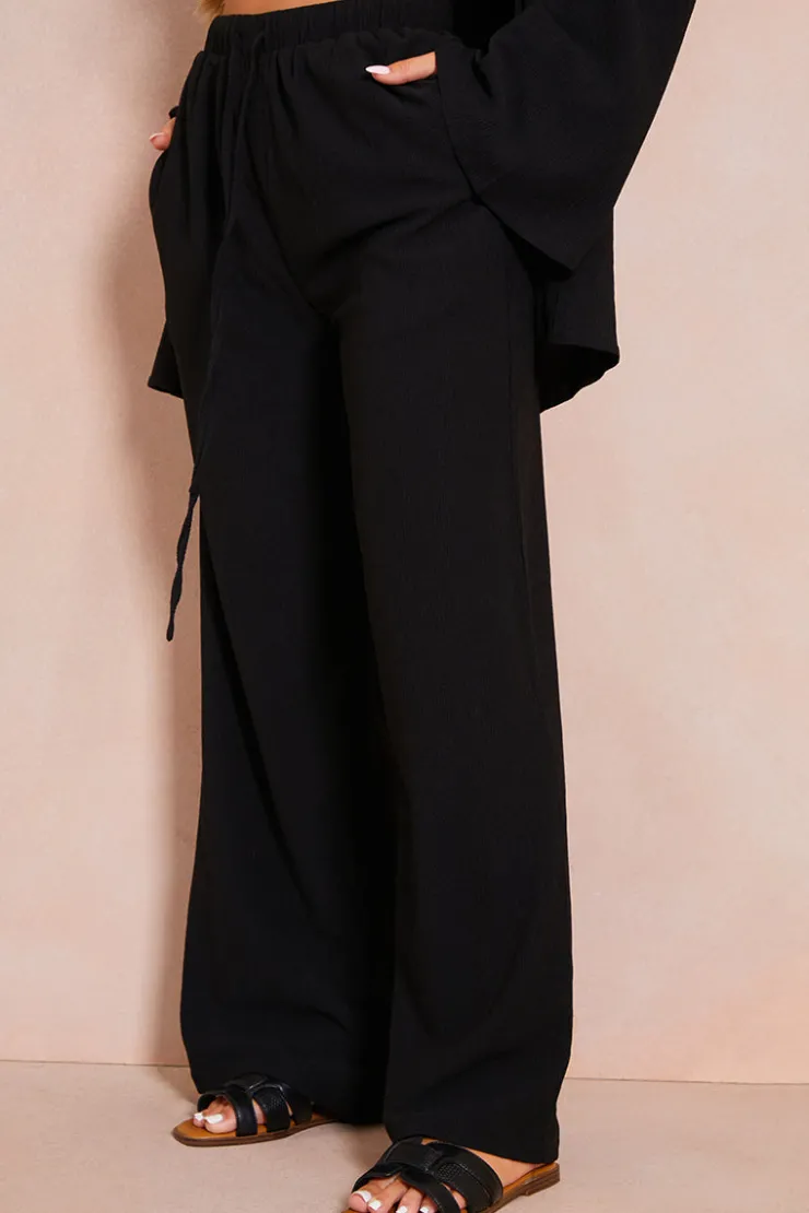 Online In the Style Textured Wide Leg Beach Co-Ord Trouser Black