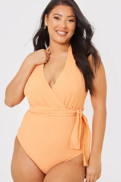 Sale In the Style Textured Wrap Swimsuit Orange