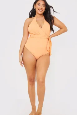 Sale In the Style Textured Wrap Swimsuit Orange