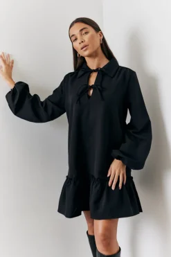 In the Style Tie Detail Balloon Sleeve Smock Dress Black