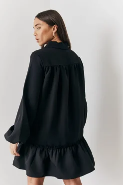 In the Style Tie Detail Balloon Sleeve Smock Dress Black