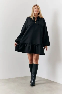 In the Style Tie Detail Balloon Sleeve Smock Dress Black