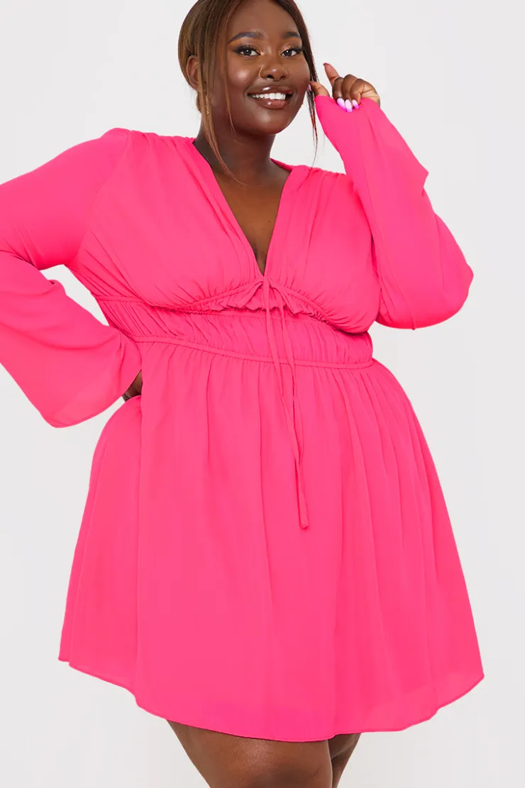 Outlet In the Style Tie Detail Plunge Skater Dress Coral