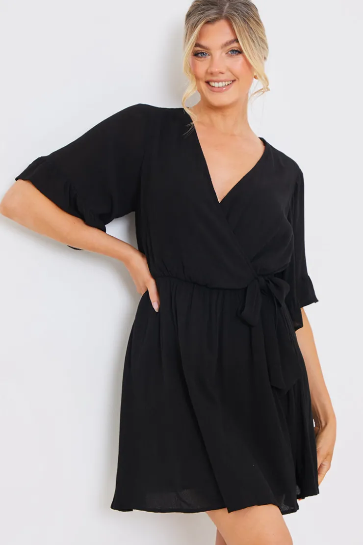 In the Style Tie Detail Wrap Mini Dress Black