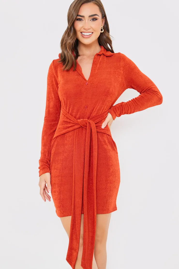 Online In the Style Tie Front Mini Dress Rust