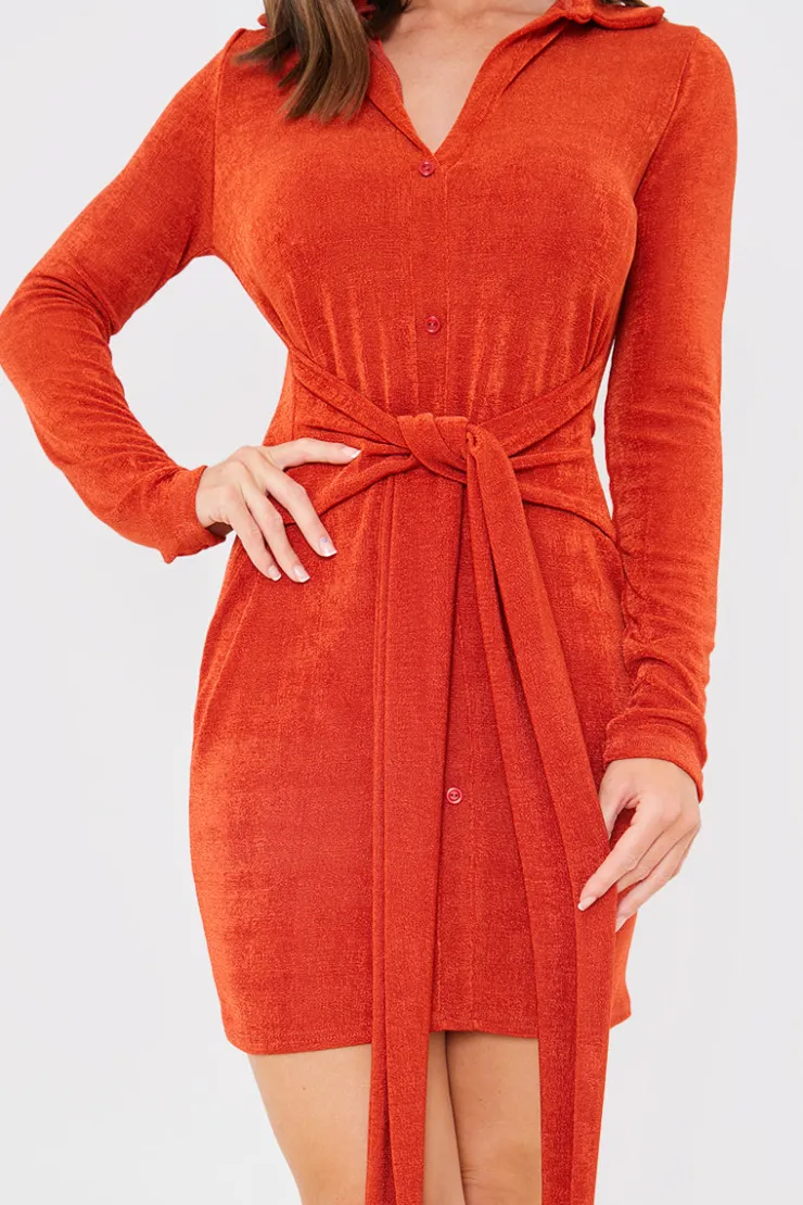Online In the Style Tie Front Mini Dress Rust