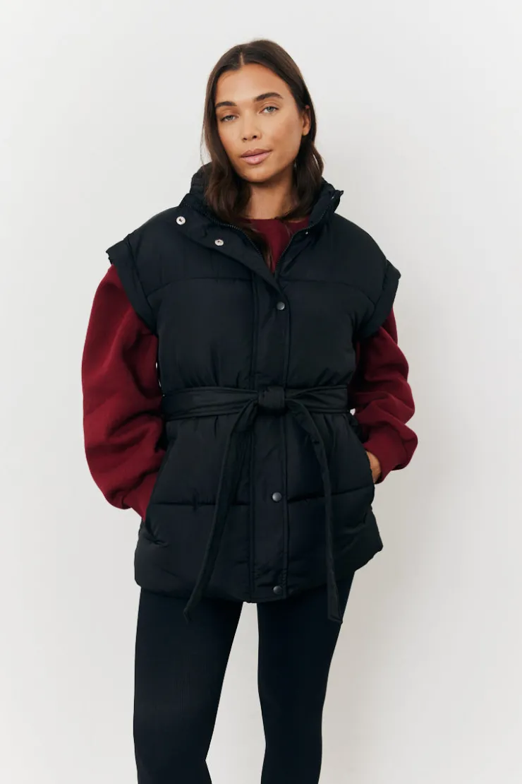 In The Style Tie Waist Puffer Gilet Black