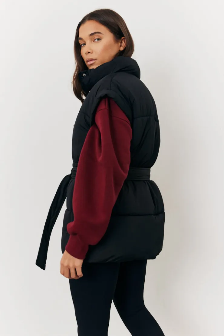 In The Style Tie Waist Puffer Gilet Black