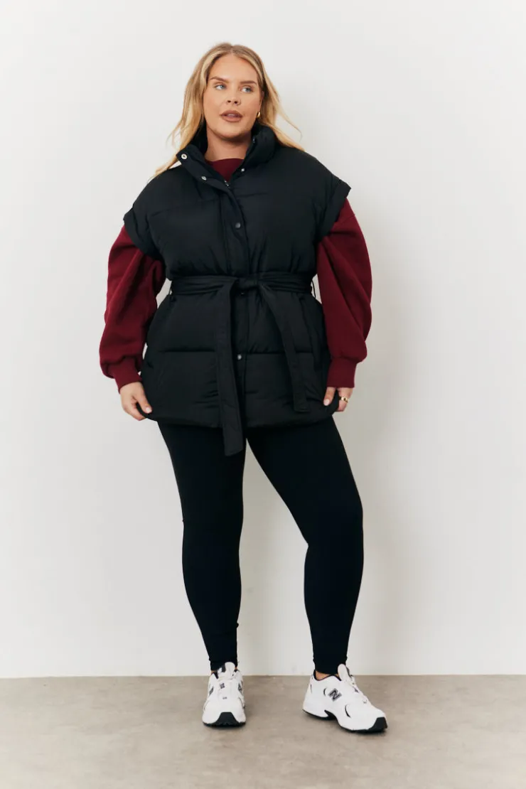 In The Style Tie Waist Puffer Gilet Black