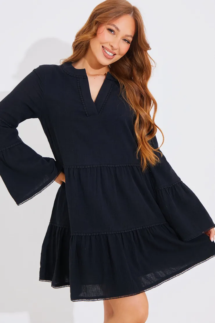 Clearance In the Style Trim Detail Tiered Long Sleeve Smock Dress Black