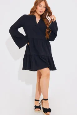 Clearance In the Style Trim Detail Tiered Long Sleeve Smock Dress Black