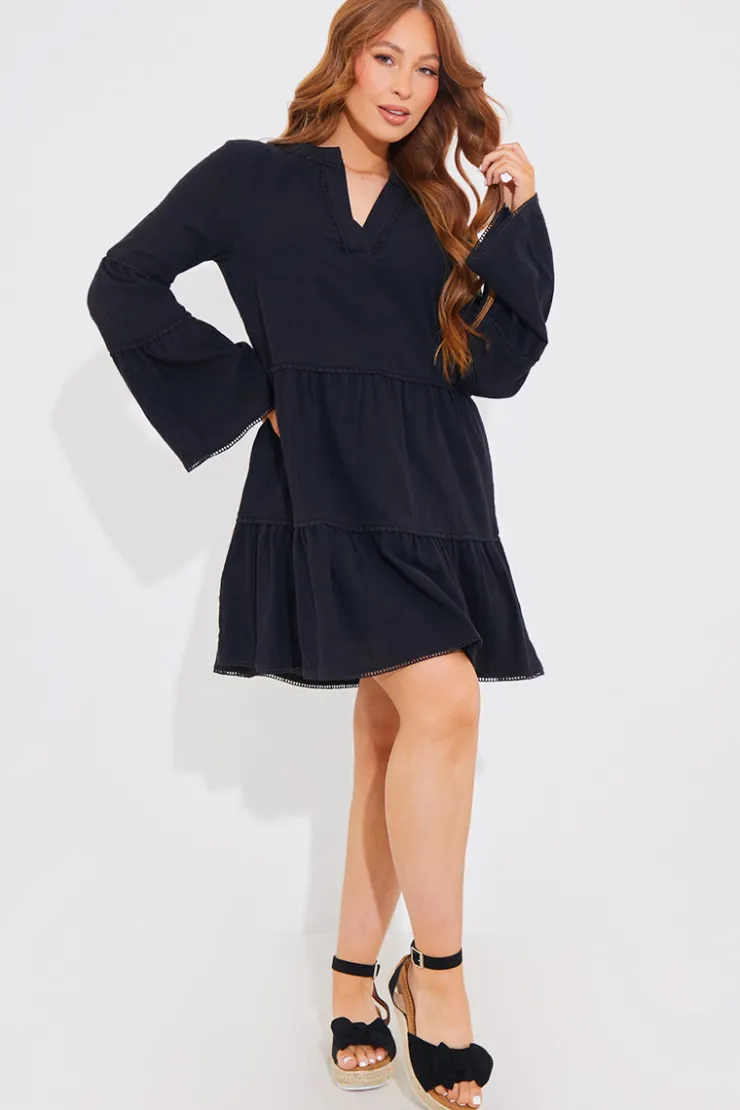 Clearance In the Style Trim Detail Tiered Long Sleeve Smock Dress Black