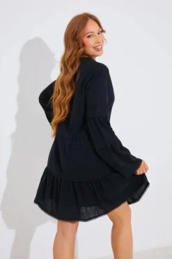 Clearance In the Style Trim Detail Tiered Long Sleeve Smock Dress Black