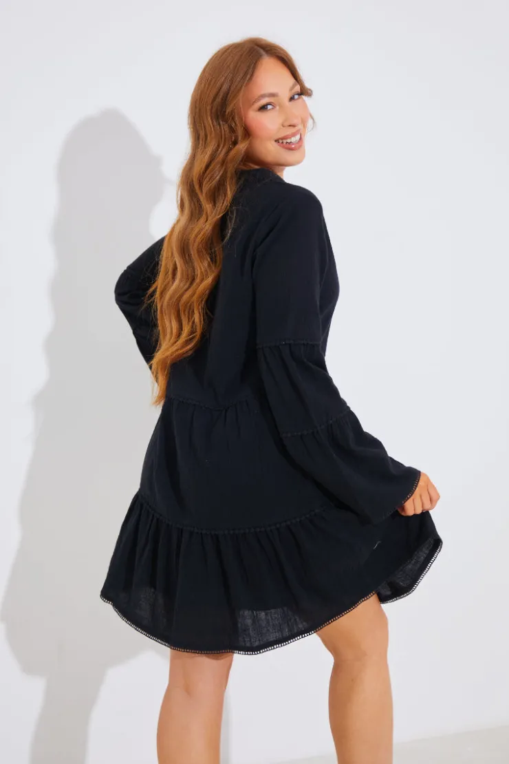 Clearance In the Style Trim Detail Tiered Long Sleeve Smock Dress Black