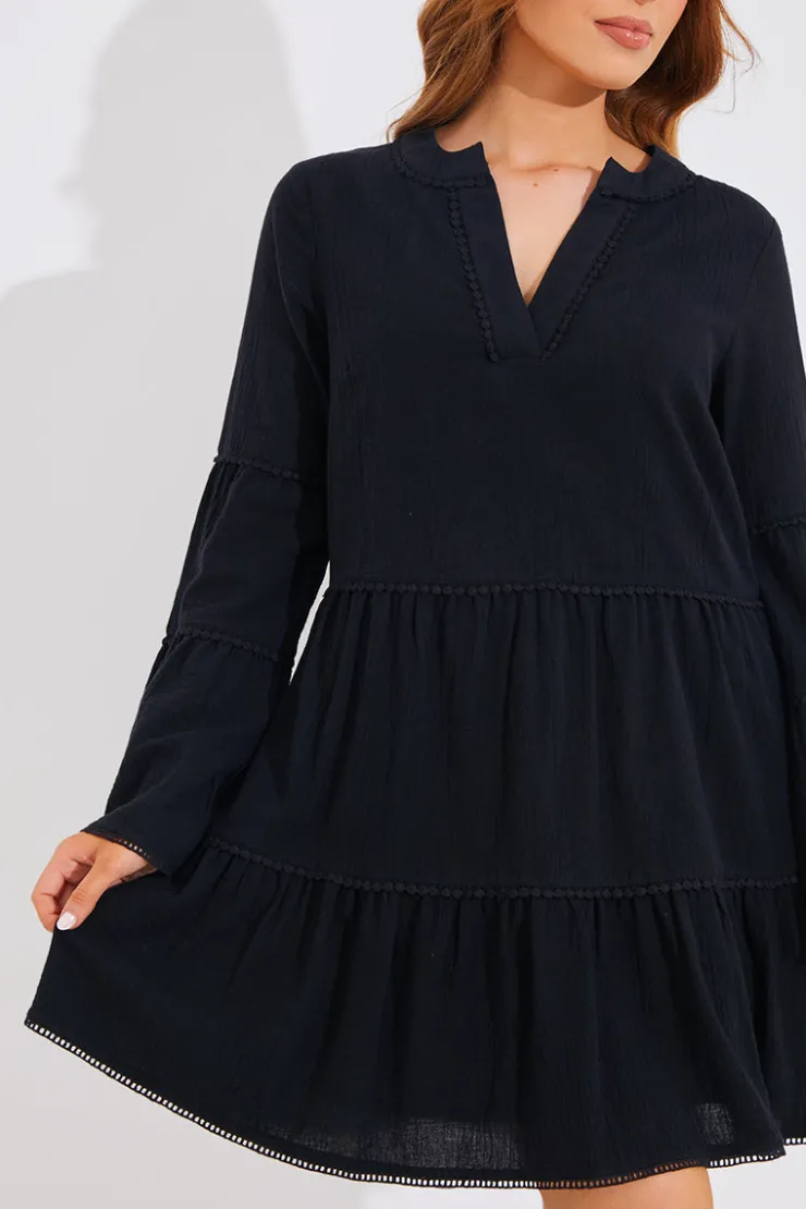 Clearance In the Style Trim Detail Tiered Long Sleeve Smock Dress Black