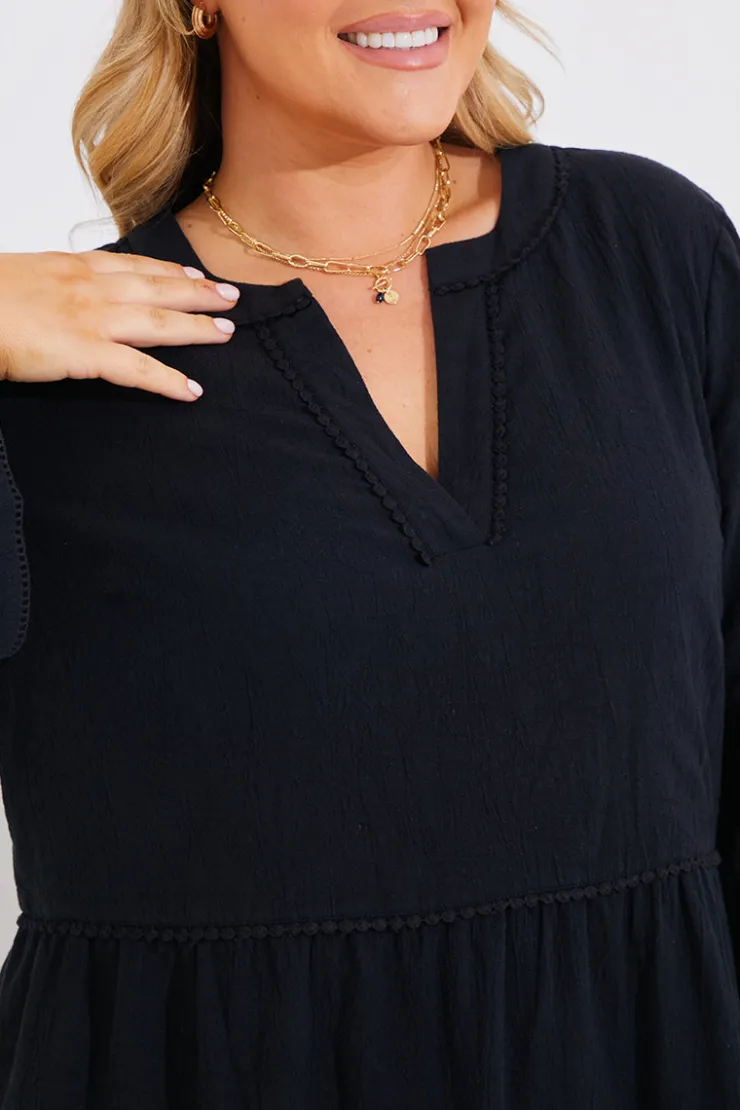 Clearance In the Style Trim Detail Tiered Long Sleeve Smock Dress Black