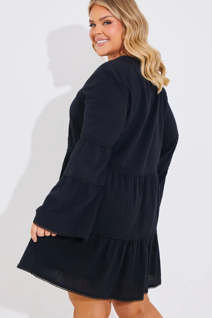 Clearance In the Style Trim Detail Tiered Long Sleeve Smock Dress Black
