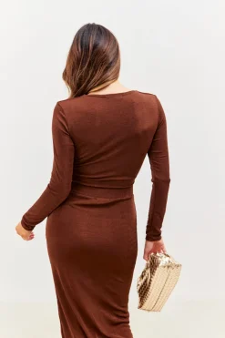 Hot In the Style Twist Acetate Slinky Co-Ord Crop Top Chocolate