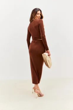 Hot In the Style Twist Acetate Slinky Co-Ord Crop Top Chocolate