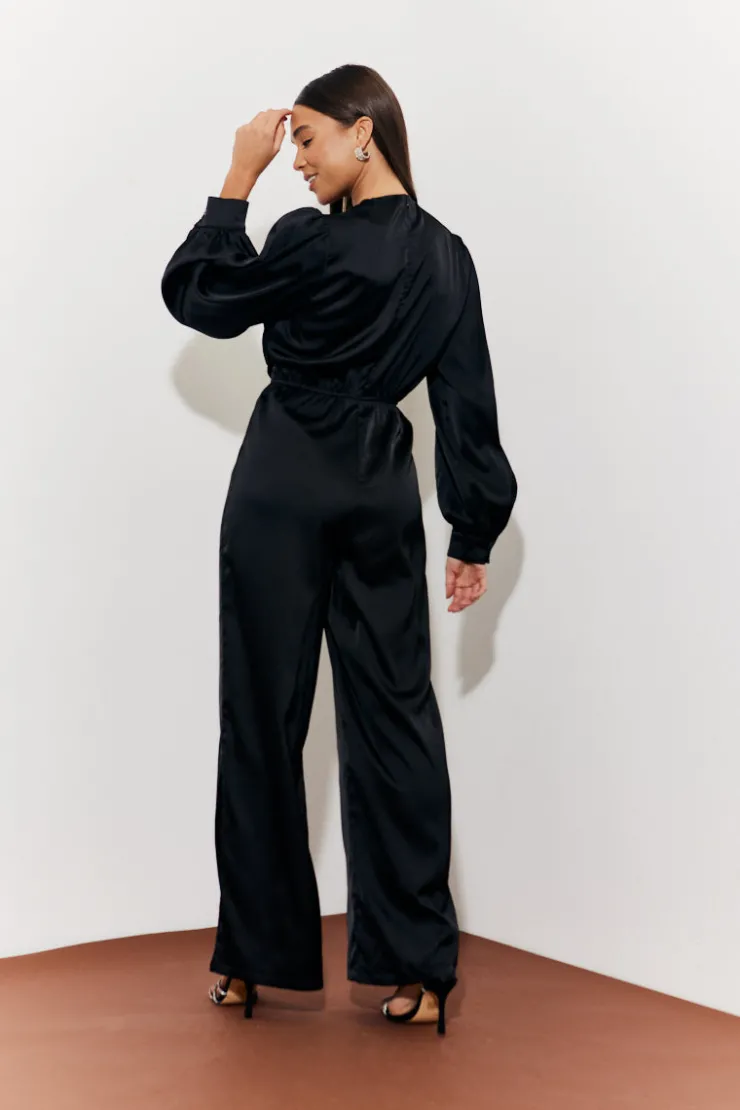 Sale In the Style Twist Front Detail Wide Leg Satin Jumpsuit Black