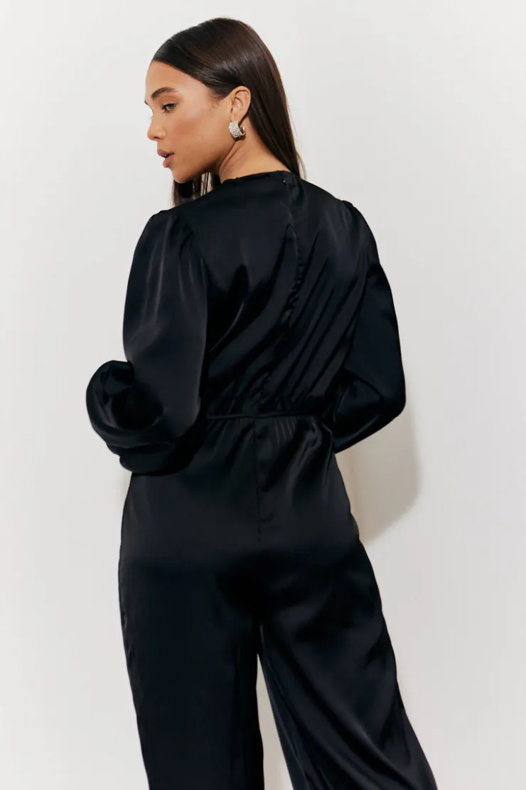 Sale In the Style Twist Front Detail Wide Leg Satin Jumpsuit Black