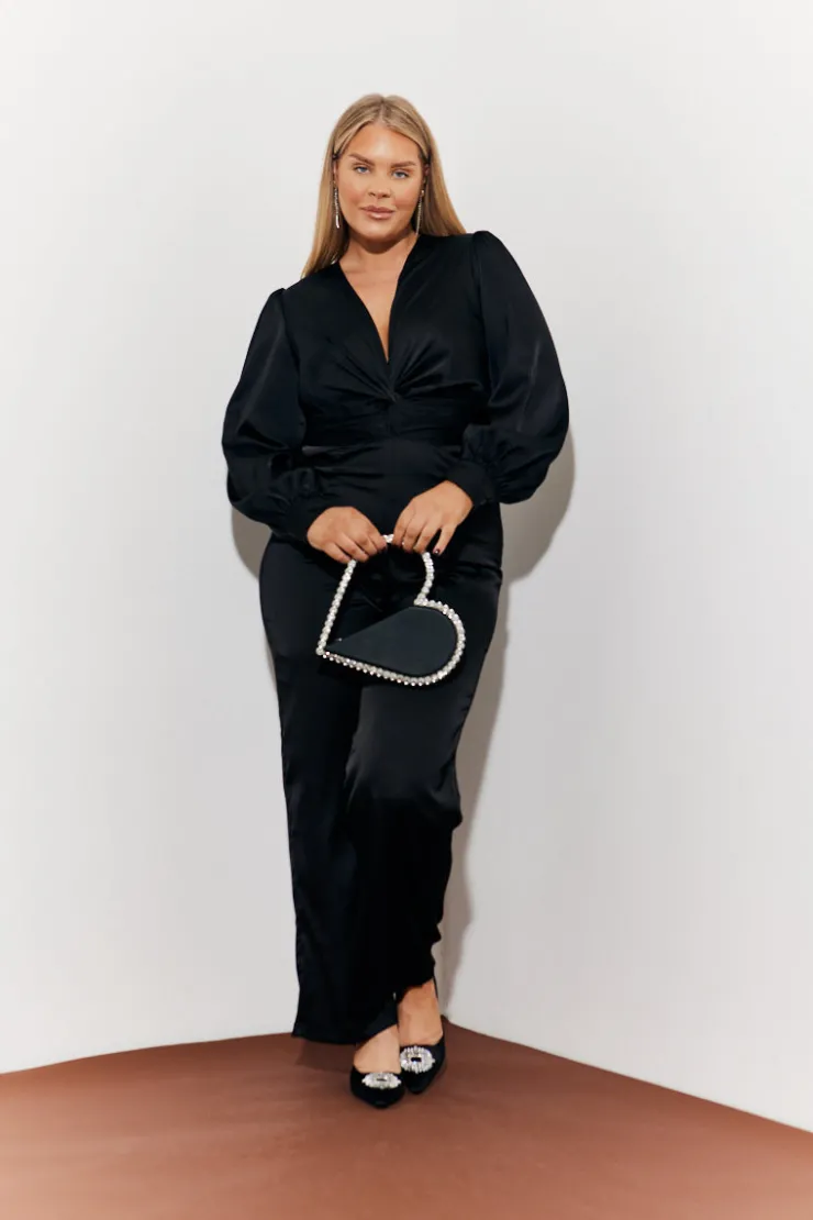 Sale In the Style Twist Front Detail Wide Leg Satin Jumpsuit Black