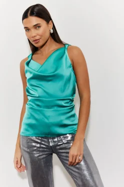 In The Style Twisted Detail Cowl Neck Satin Top Green